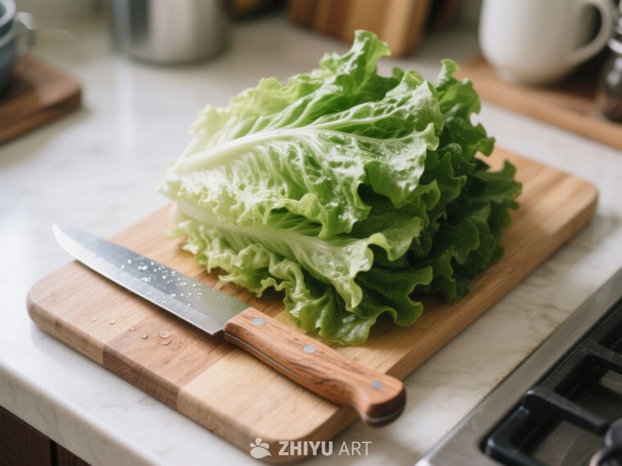 新鲜生菜置于木制砧板上 523