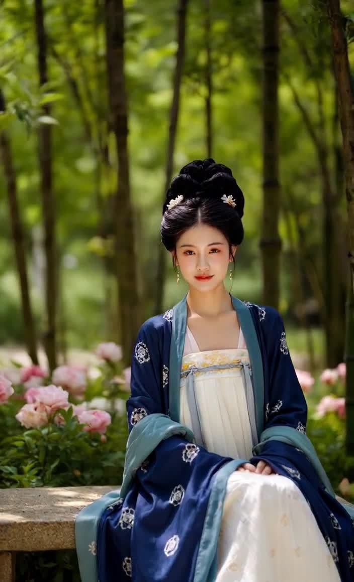 一个穿着古典服装的女孩坐在竹林树下。镜头从远处缓缓
