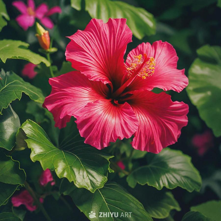 一朵粉红色的芙蓉花位于画面中央，周围环绕着茂盛的绿