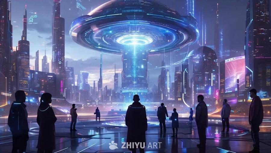 赛博朋克城市景观，霓虹灯闪烁，空中漂浮着全息投影。
