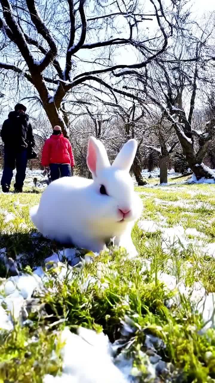 一只白色的兔子在草地上，草地散落着一些白色的雪。背