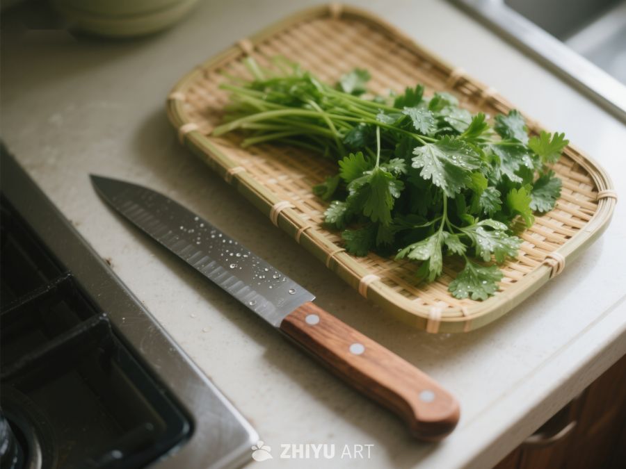 厨房砧板上的香菜与刀具 101