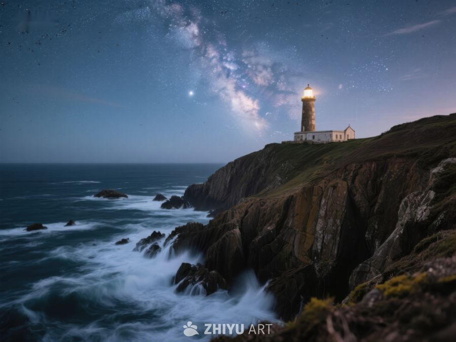 夜空下的灯塔与海浪 306