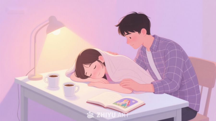 温馨夜读：男子轻抚熟睡女子 473