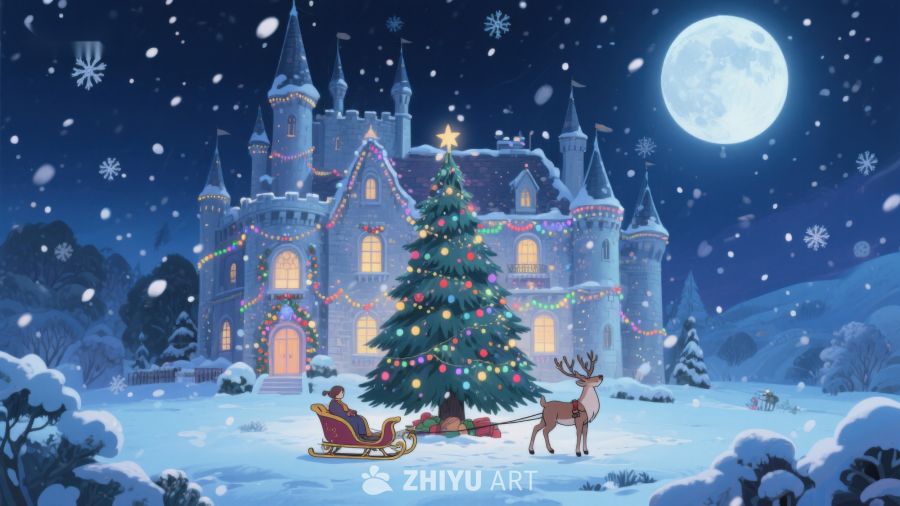 冬夜城堡前的圣诞树与雪橇 38