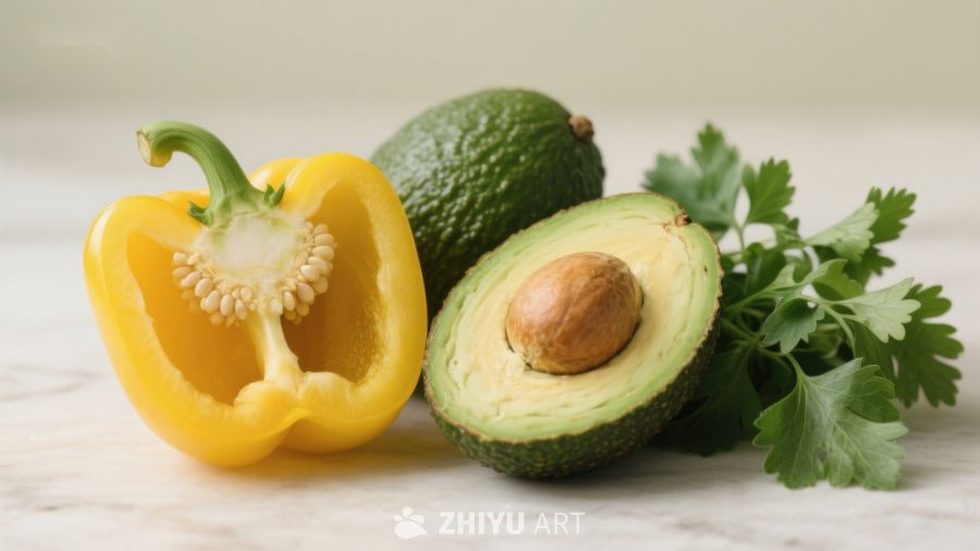 切开的黄椒与牛油果静物