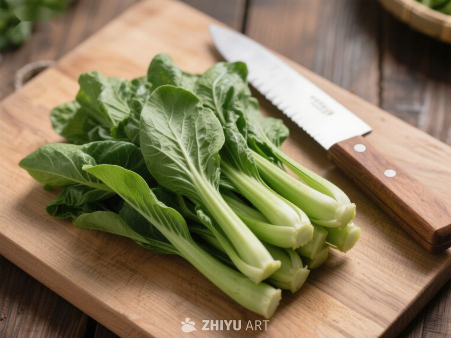 新鲜青菜置于木质砧板上 490