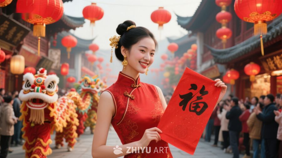 女子手持福字，背景舞狮庆祝春节 722