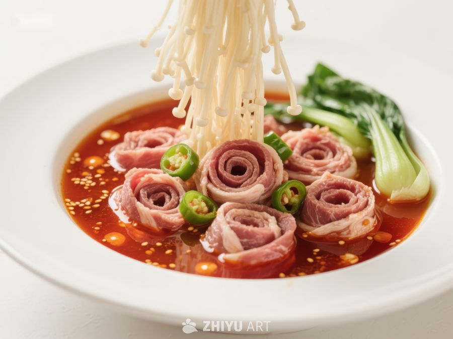 金针菇卷肉片配青菜红油汤 268