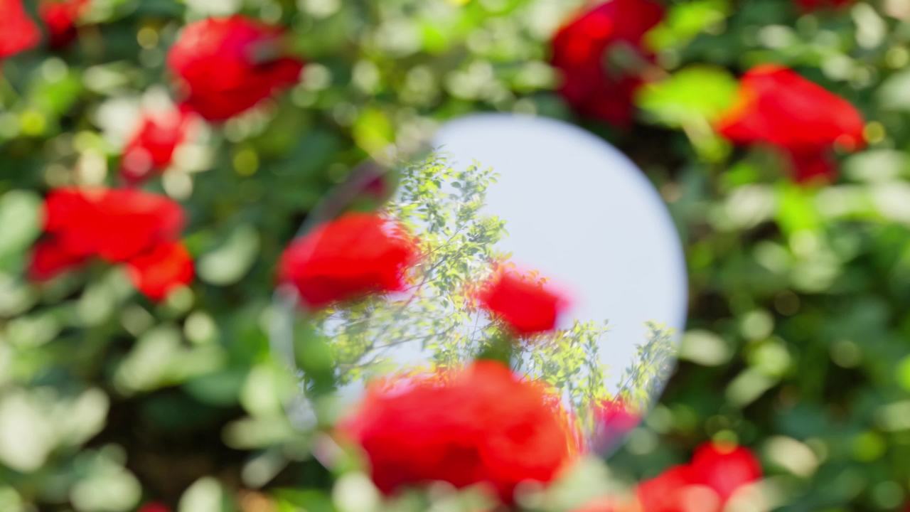 镜子中的花和树随风摇曳