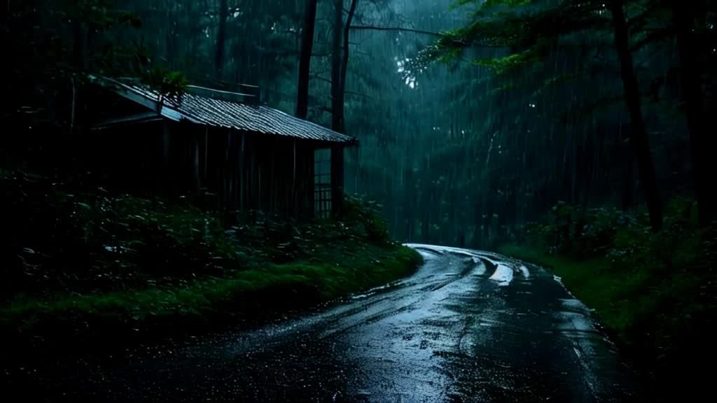 夜晚，一条被雨水覆盖的小路蜿蜒穿过热带雨林。路边有