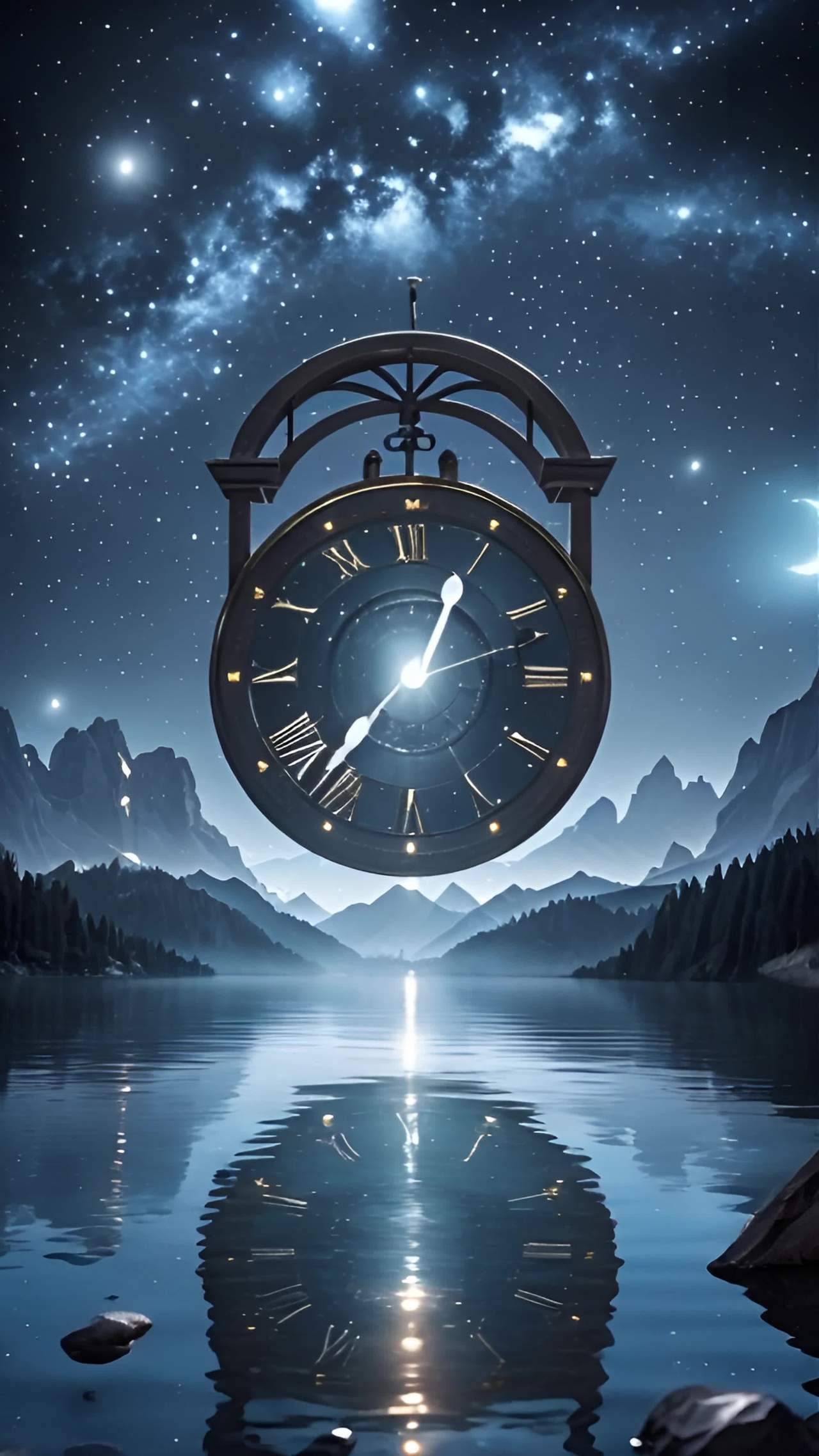 一个巨大的钟表悬挂在夜空中，钟表指针呈扭曲状。下方