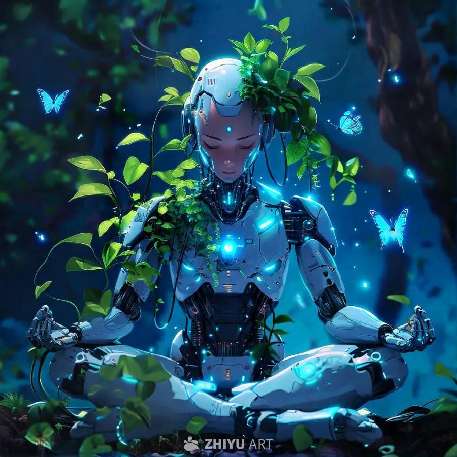 一个未来主义风格的机器人在冥想姿势中。机器人身上装