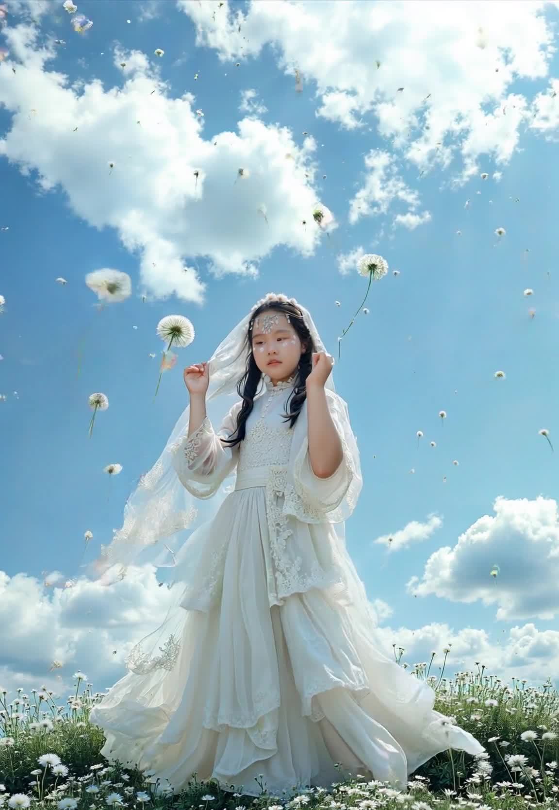白裙女孩与蒲公英的梦幻田园写真
