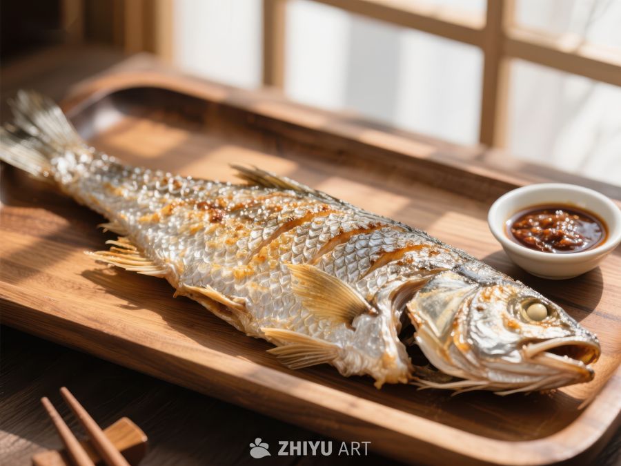 烤鱼摆盘，佐以酱料 442