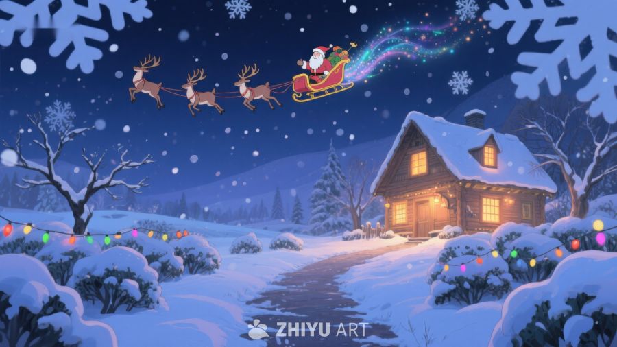 圣诞夜雪景：驯鹿拉着雪橇飞过小屋 223