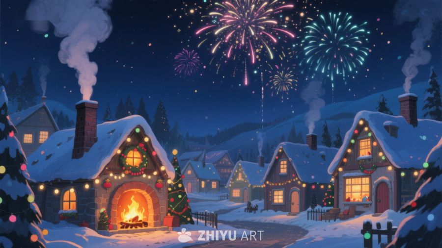 冬夜烟花下的温馨雪村 130