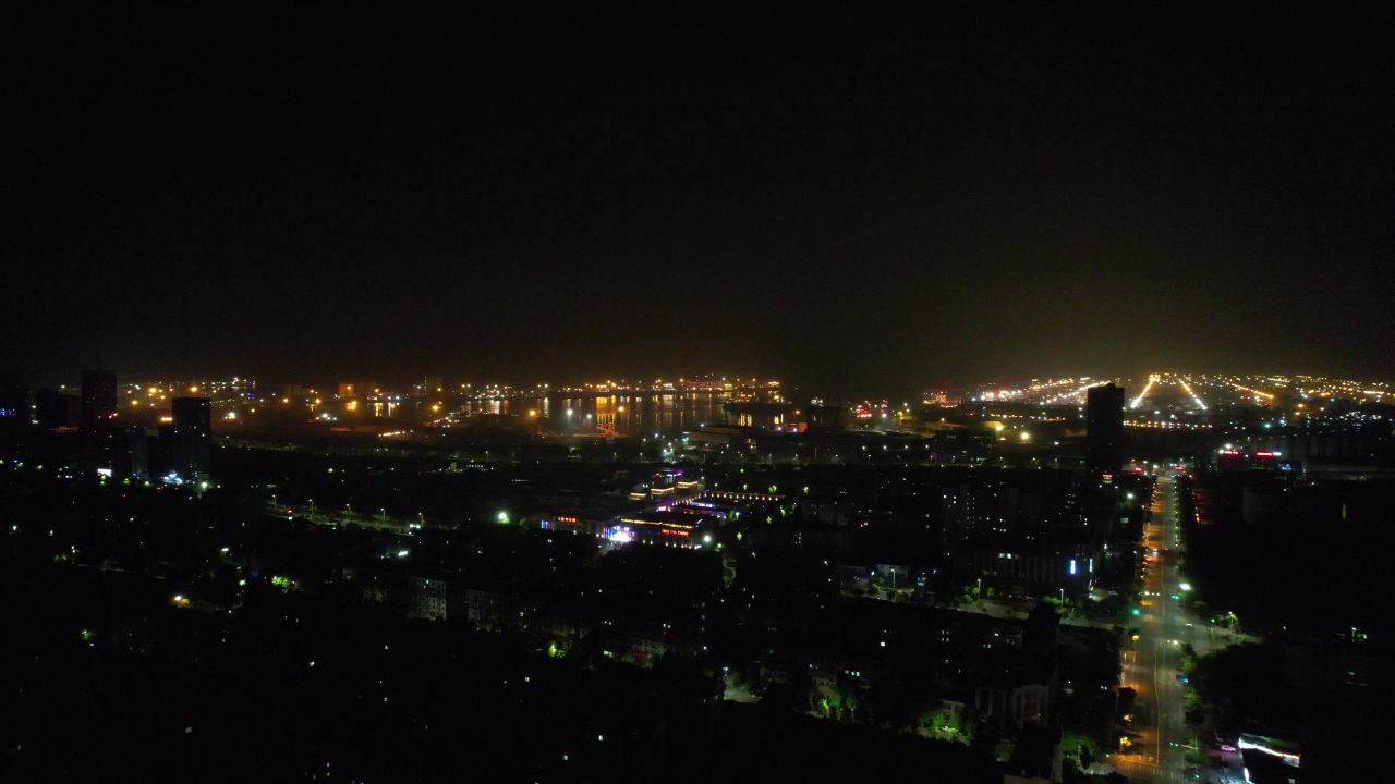 山东日照老城区城市夜景灯光航拍 