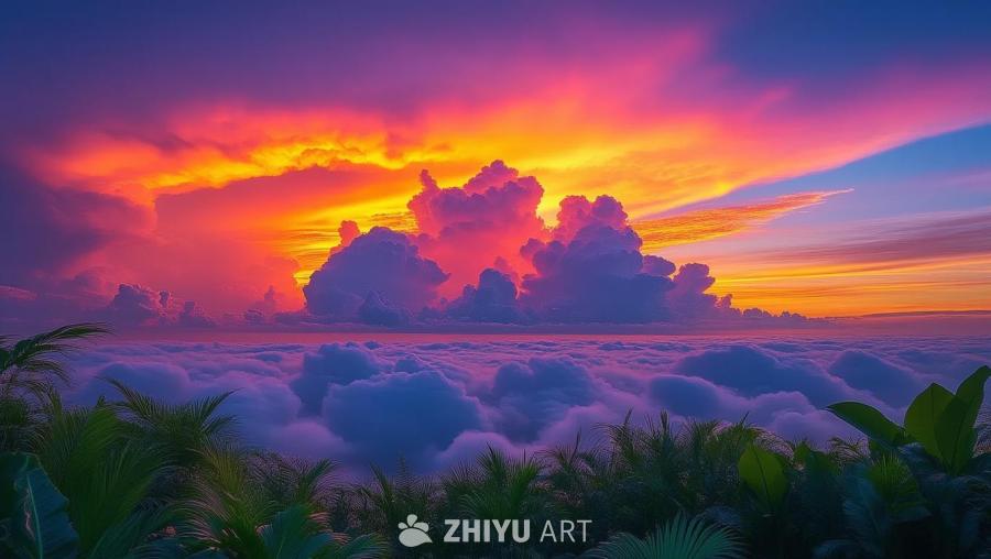 夕阳下的天空，高耸的积雨云，鲜艳的橙色、粉色和紫色