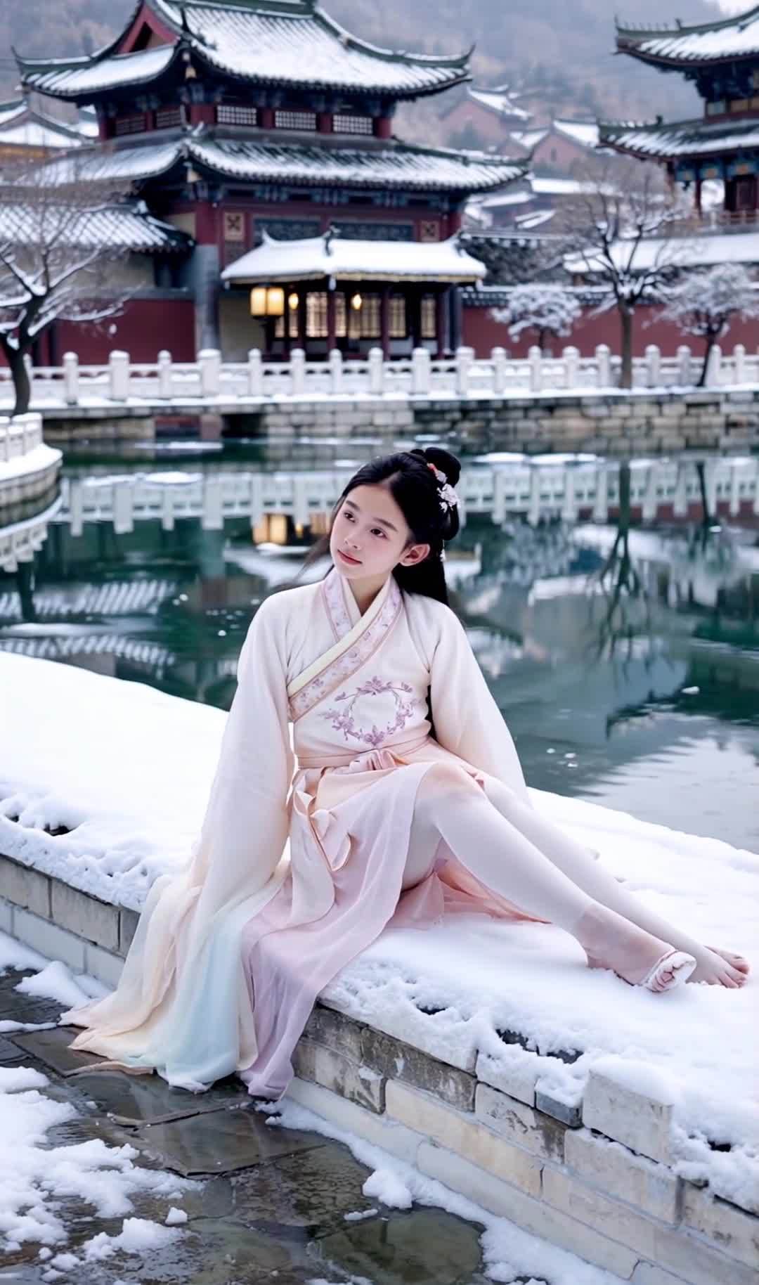 汉服女子雪中池塘边静坐赏景