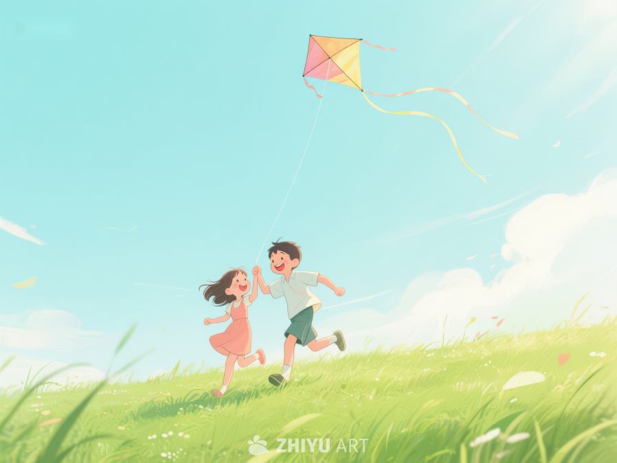 草地上放风筝的快乐孩子 9