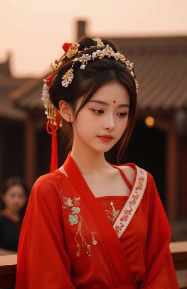 一位身着红色汉服的年轻女子。她化着精致的妆容，额间