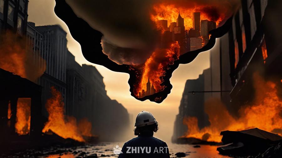 地面上散落着灰烬，火焰在建筑物间燃烧。画面中央，城