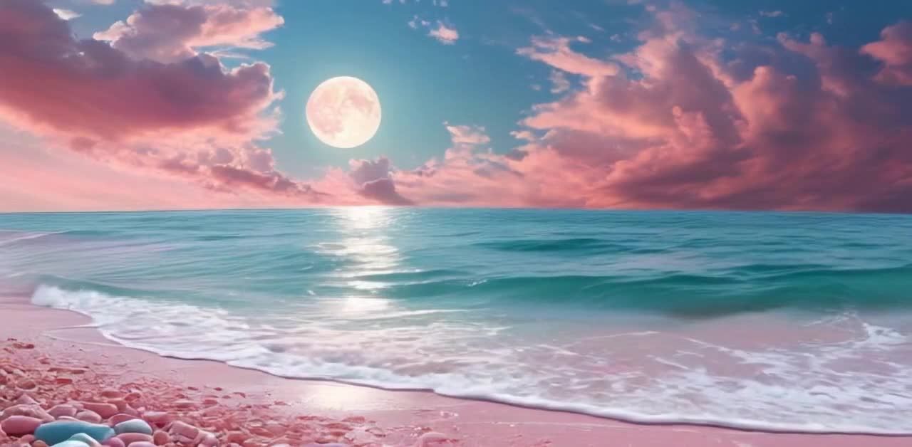 粉色沙滩满月海景：平静海浪与绯红云朵的浪漫夜色