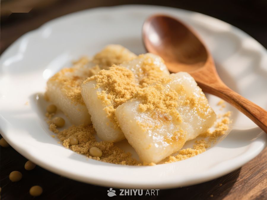 传统甜点配黄豆粉，木勺点缀 150