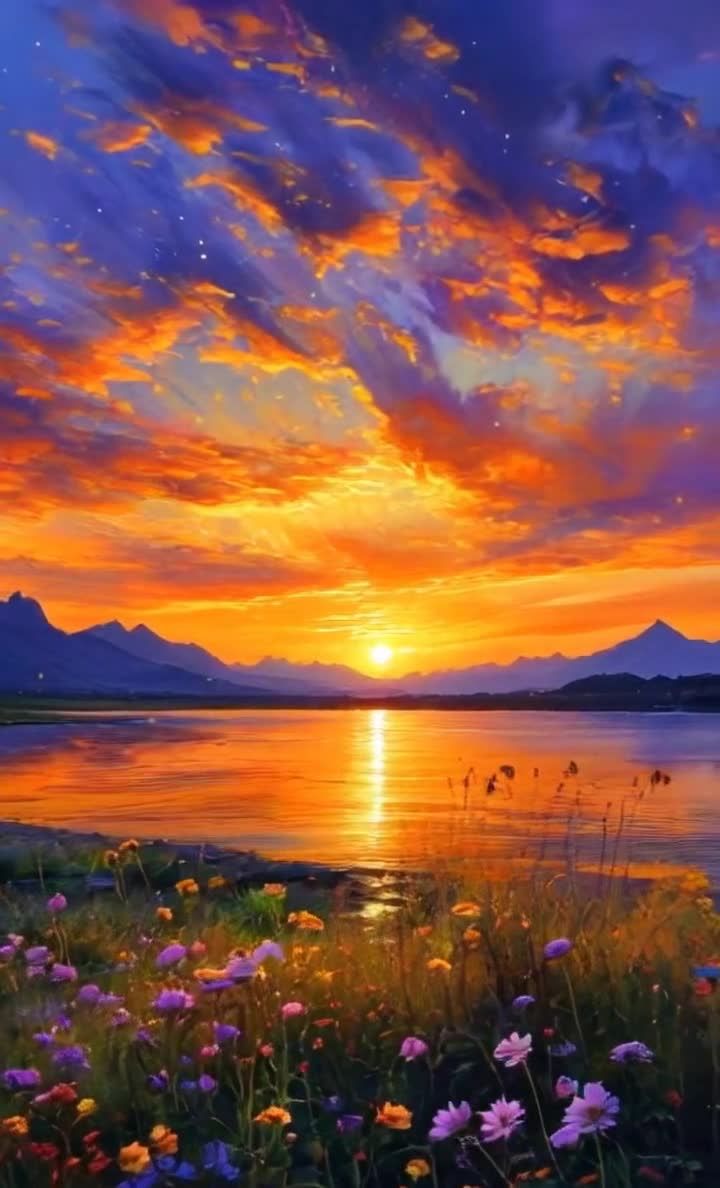 夕阳湖畔美景：金辉洒满湖面映衬群山花草