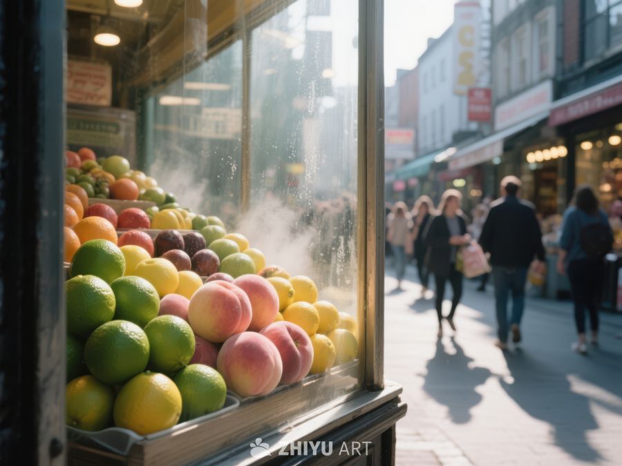 街头水果摊的阳光与行人 155