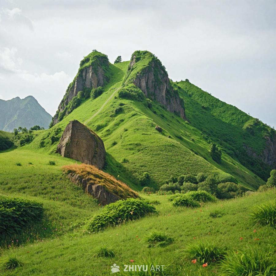 一片绿色的山坡，背景是草地和岩石山。山体被绿色植物