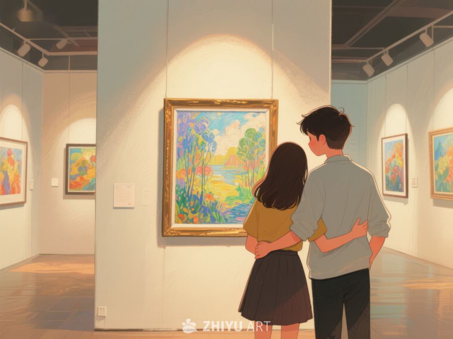 美术馆中欣赏画作的情侣 494