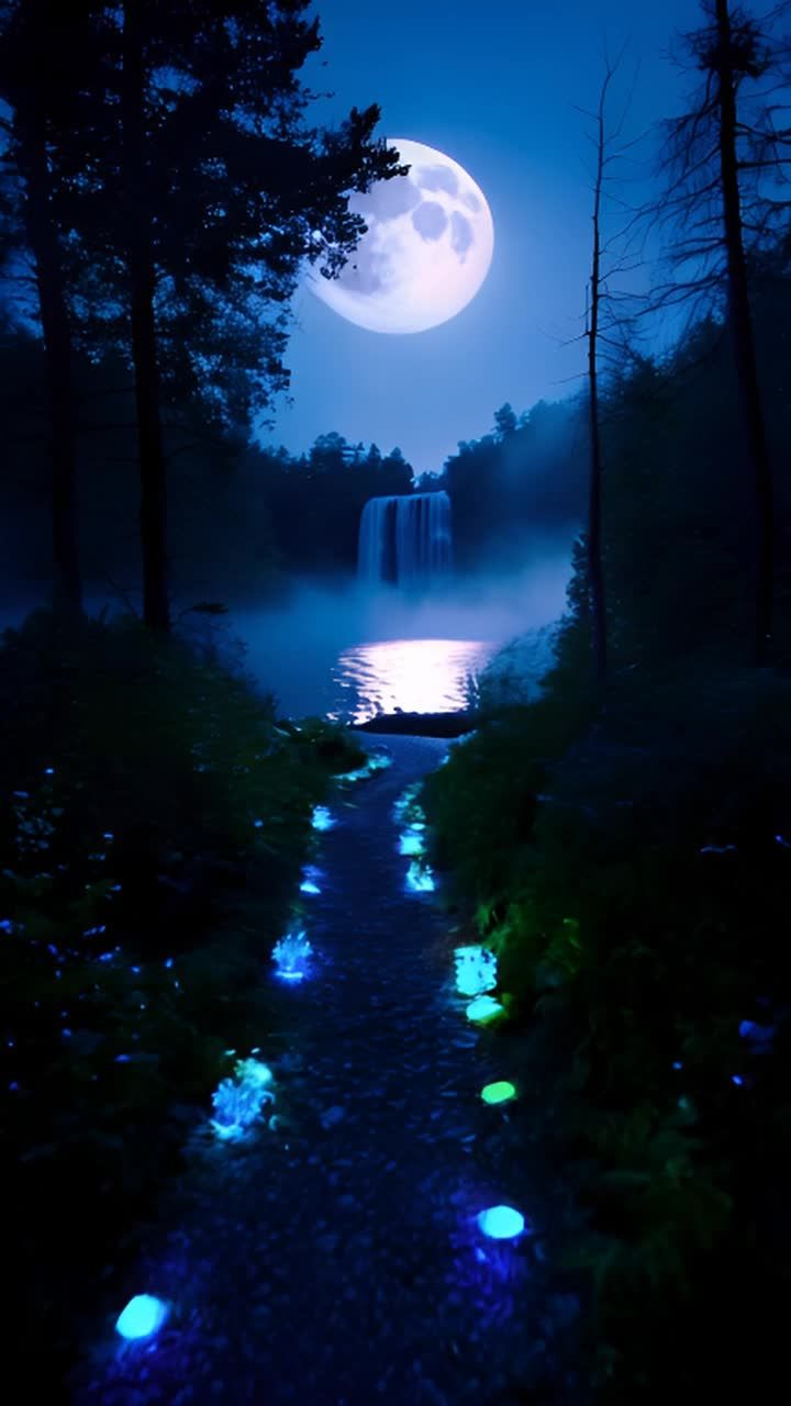 森林中的小径通向一个小湖，瀑布飞流直下。夜晚明月当