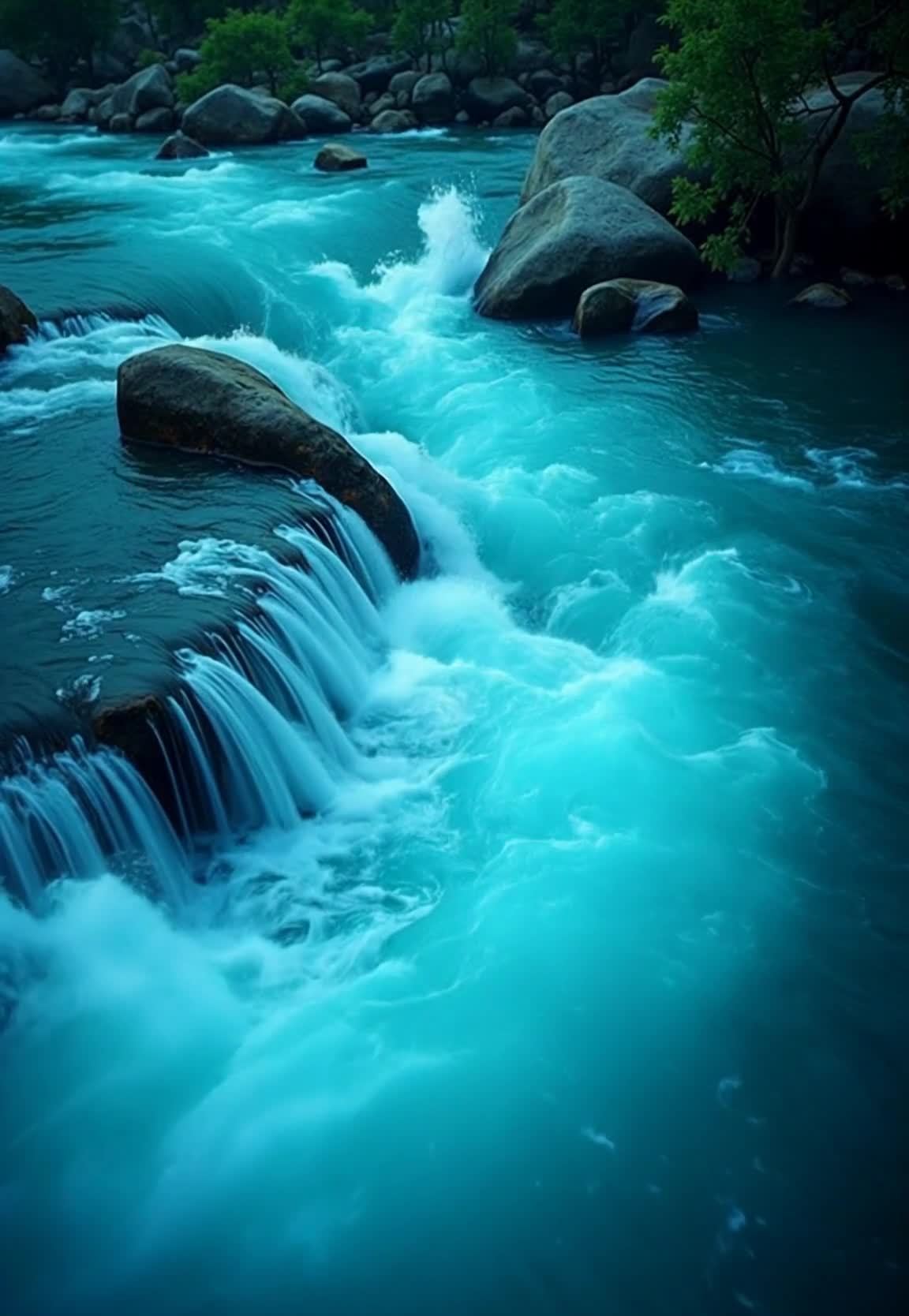 碧绿色的江水快速流动，水中散落着大小不一的石头。水
