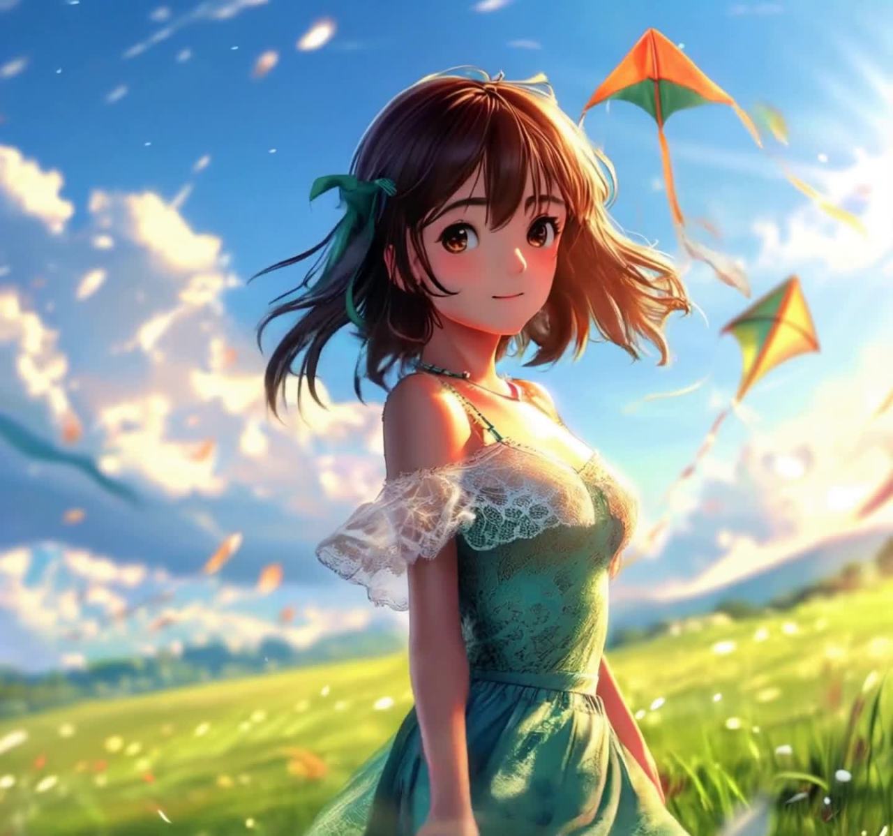 田野少女与风筝：阳光下的动漫少女剪影。