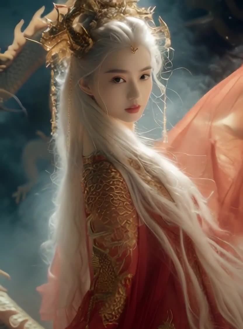 红衣白发仙女，金色龙纹与空灵梦幻氛围