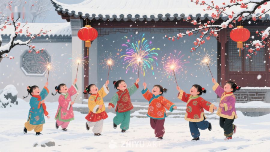 雪中欢庆：孩子们的节日烟花 1125