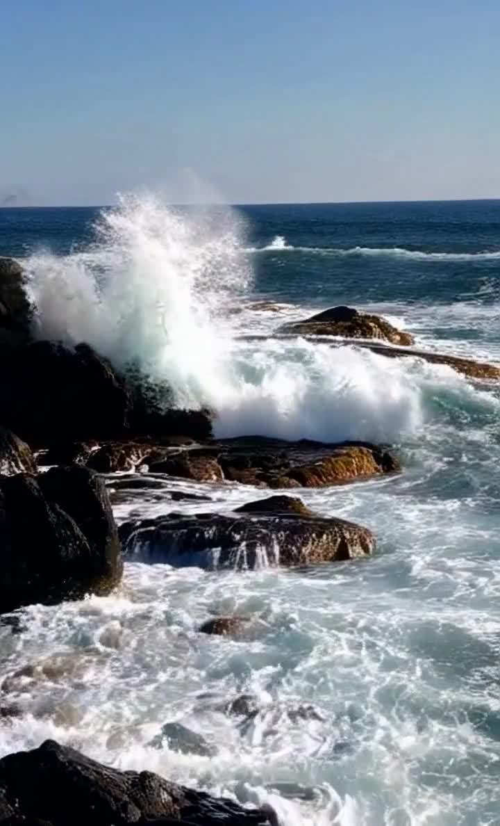 海浪拍打着岩石，形成巨大的浪花。天空晴朗，海面呈现