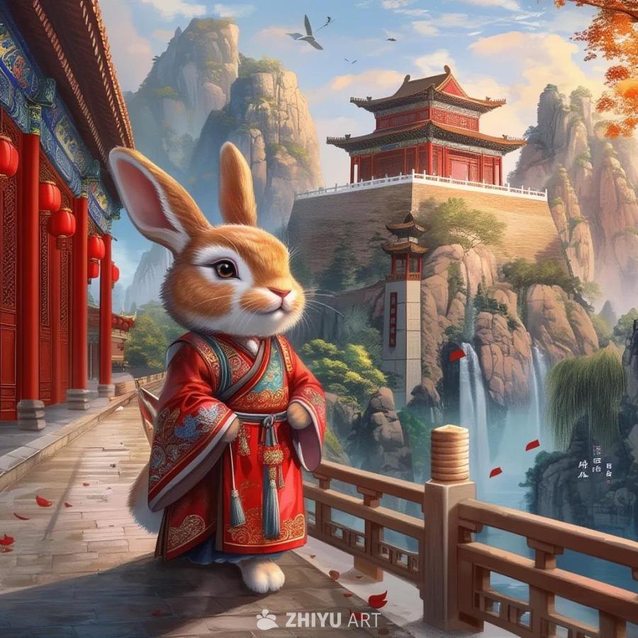 一只穿着红色汉服的Q版兔子站在石桥上，石桥旁有红色