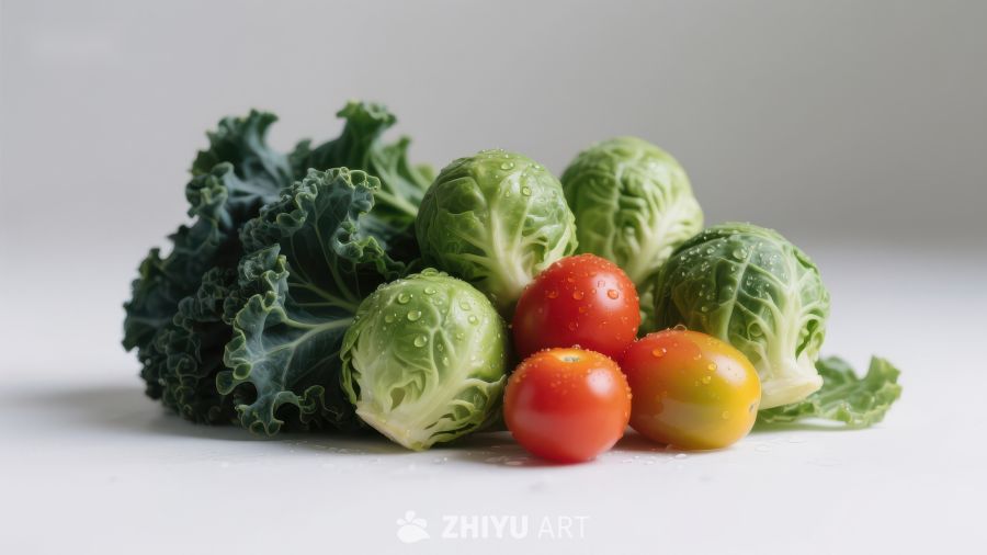 新鲜蔬菜组合：卷心菜、羽衣甘蓝与樱桃番茄