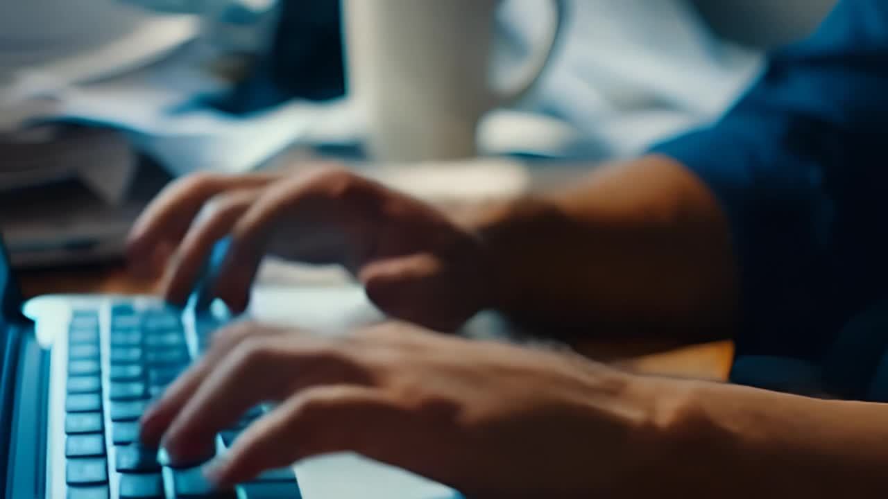 人的双手正在一台笔记本电脑的键盘上打字，桌面上散落