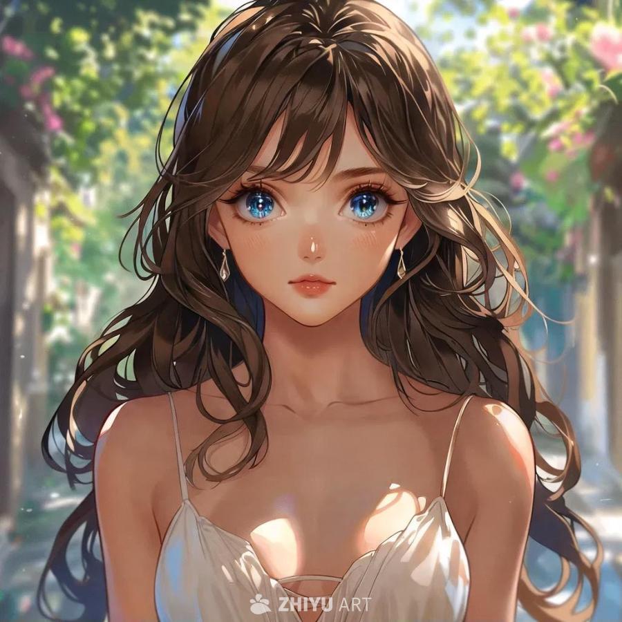 一个穿着漂亮的无袖连衣裙，裸露背部的棕色皮肤美少女