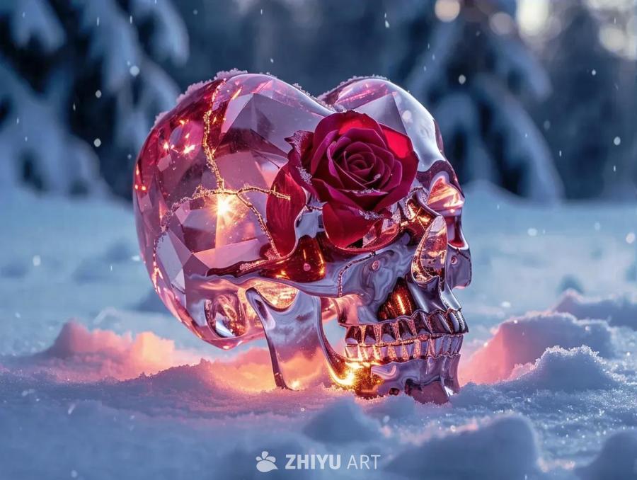 雪地里有一个玫瑰骷髅心，骷髅表面有类似水晶的纹理，