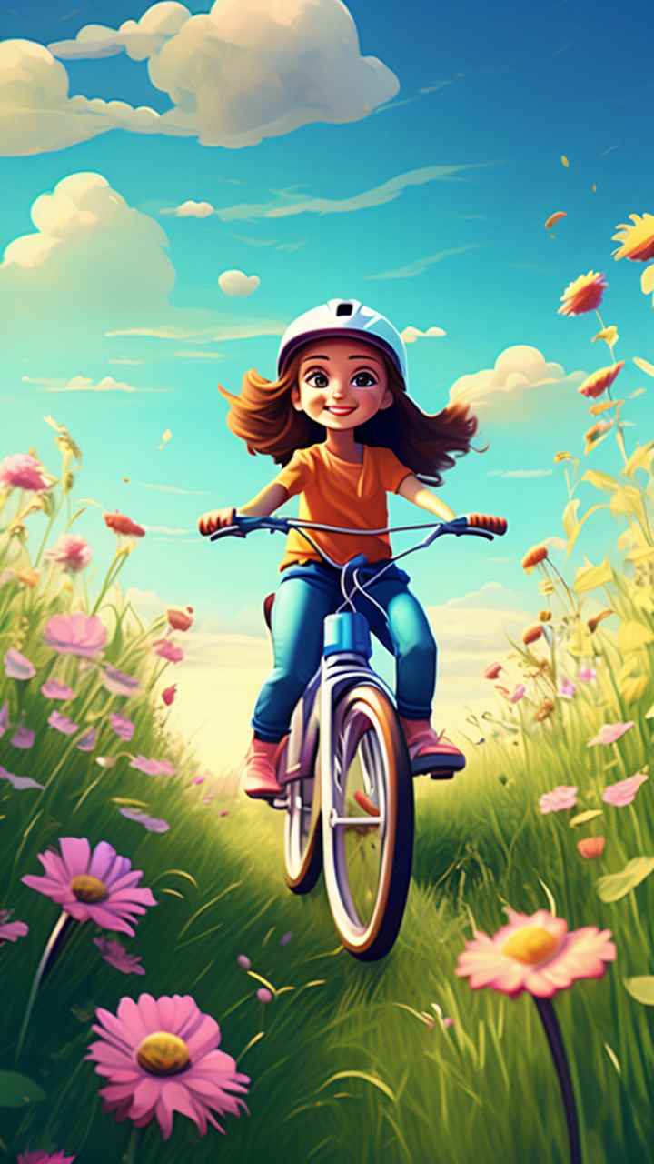  一个女孩在鲜花盛开的绿色田野里骑自行车 12