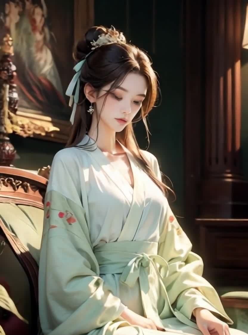 浅绿长袍女子静坐室内，发髻丝带，灯画家具柔光笼罩