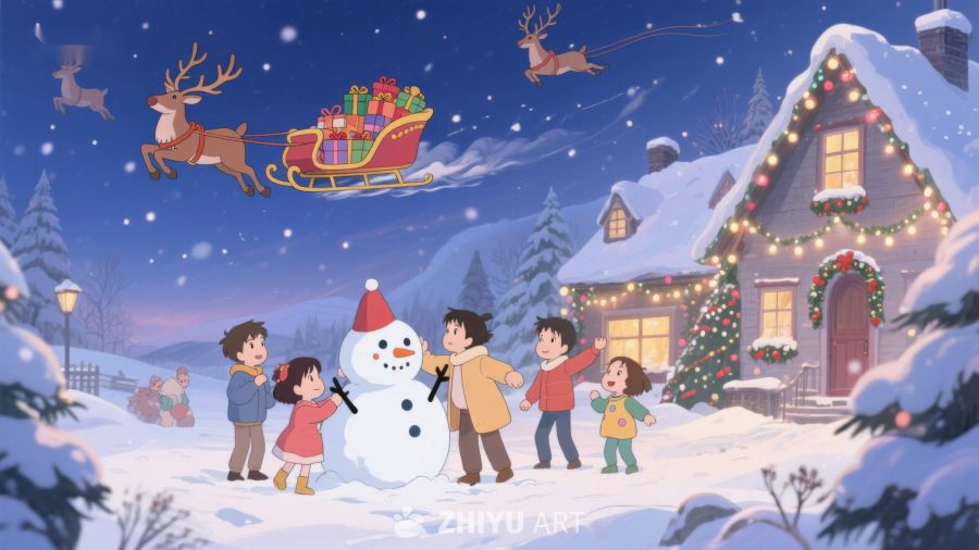 雪夜圣诞，孩子们与雪人共欢 401