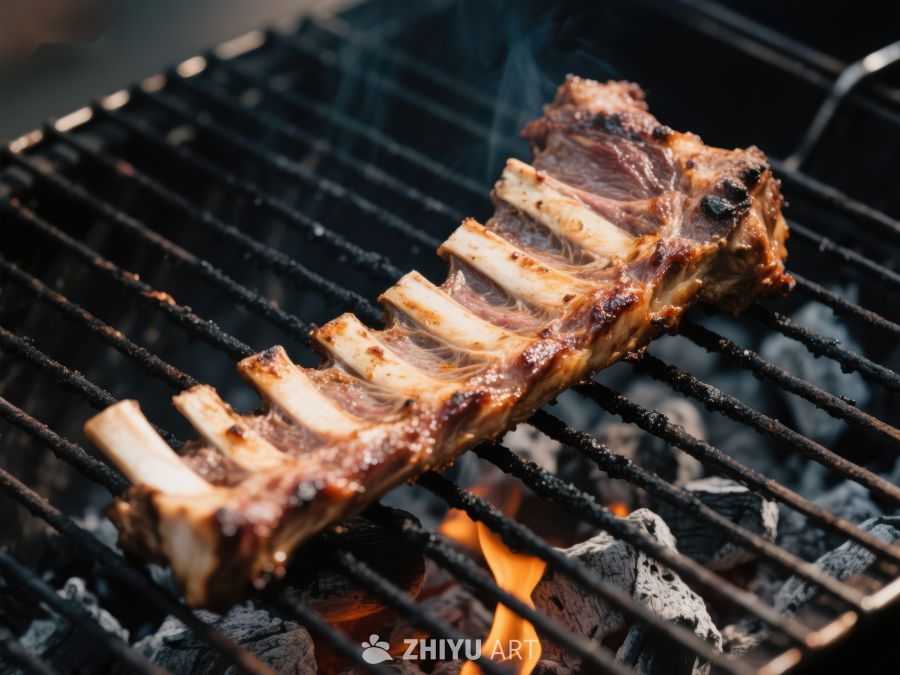 烤架上的美味排骨