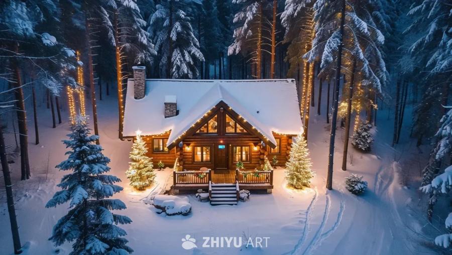 一座棕色小木屋位于森林中，屋顶和周围地面覆盖着白雪