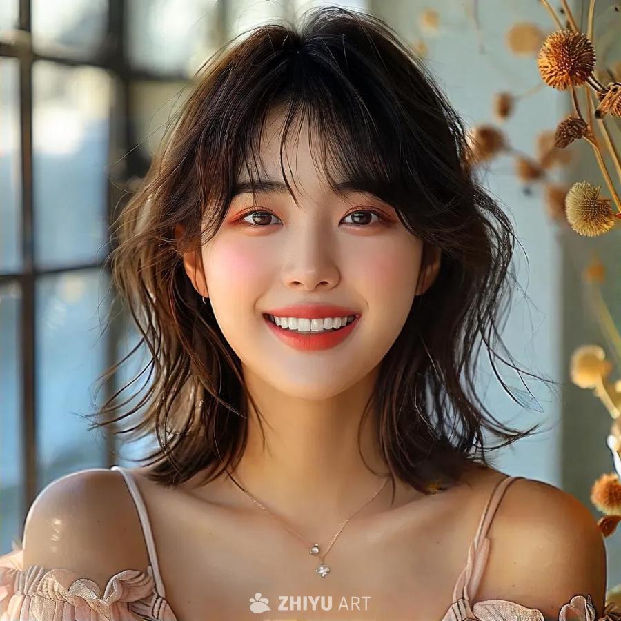 一个留着齐刘海的韩国女孩，对着柔和的粉彩色背景，自